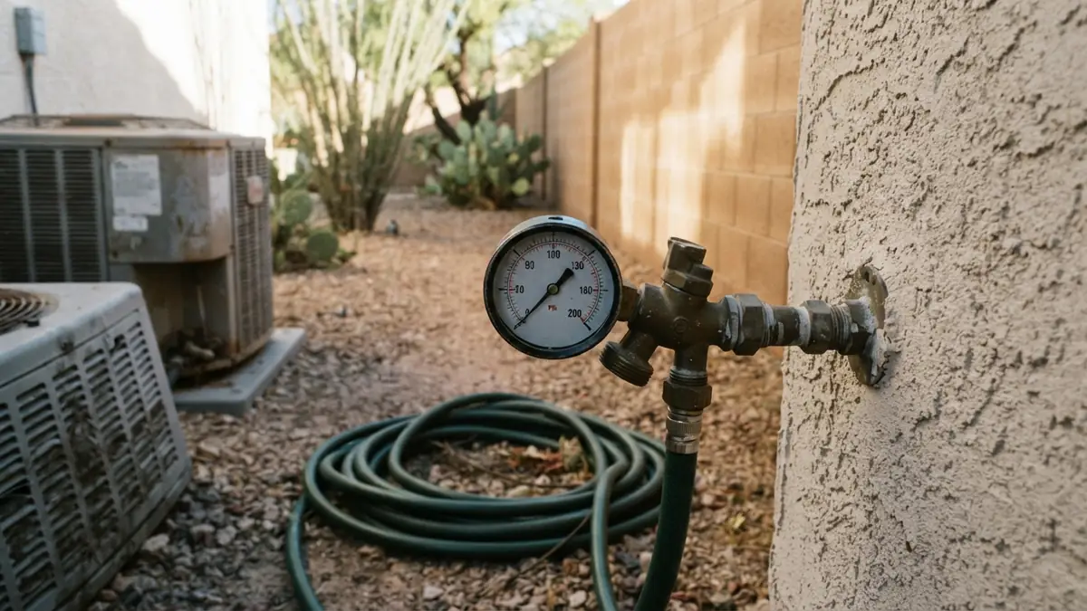 A pressure gauge on a hose bib beside an air-conditioner pad on a pale stucco wall - Leak Detection in El Mirage