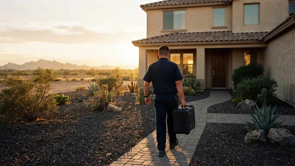 Technician carrying an equipment case up the front walk of a two-story stucco house at golden hour