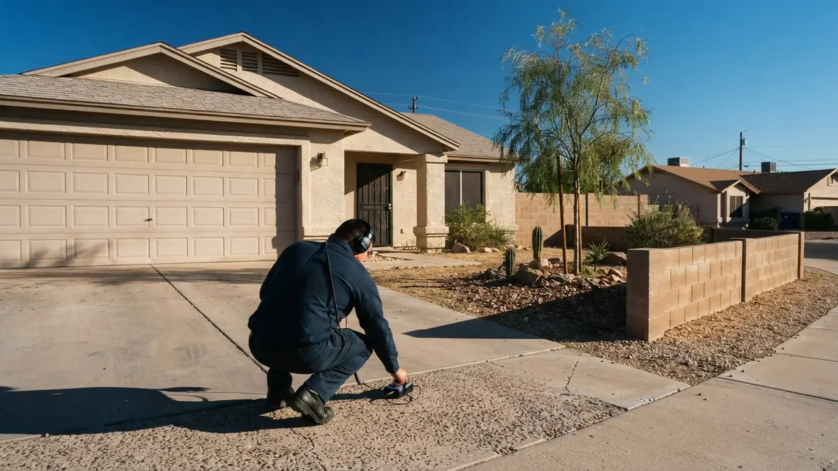 Technician pressing a ground microphone to a concrete driveway apron outside a single-story El Mirage stucco home - Leak Detection in El Mirage