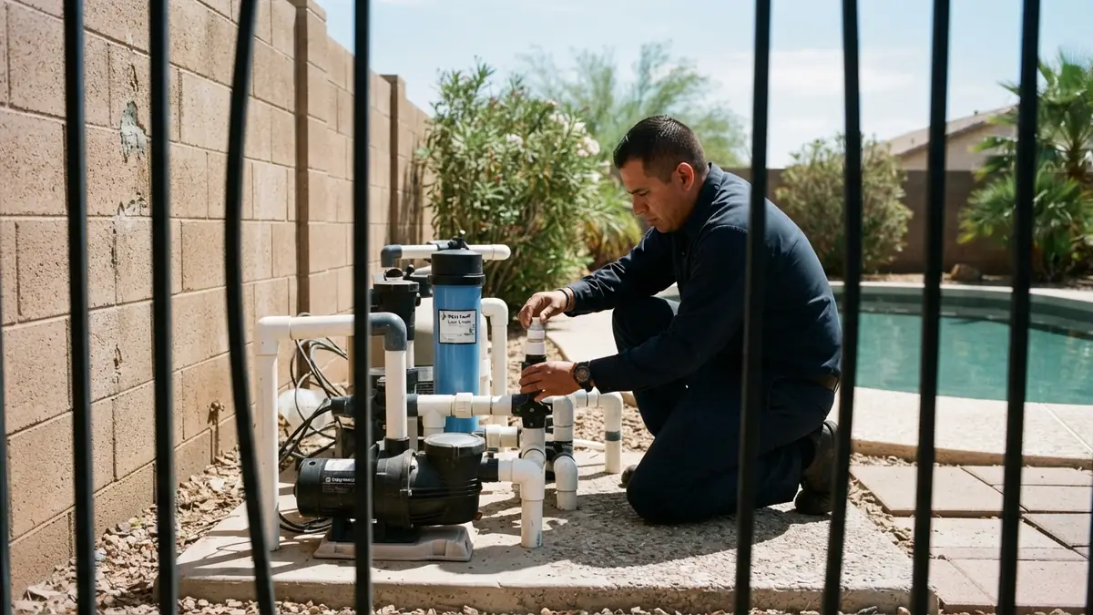 Technician testing the pipes at a backyard pool equipment pad, seen through an iron fence - Leak Detection in El Mirage